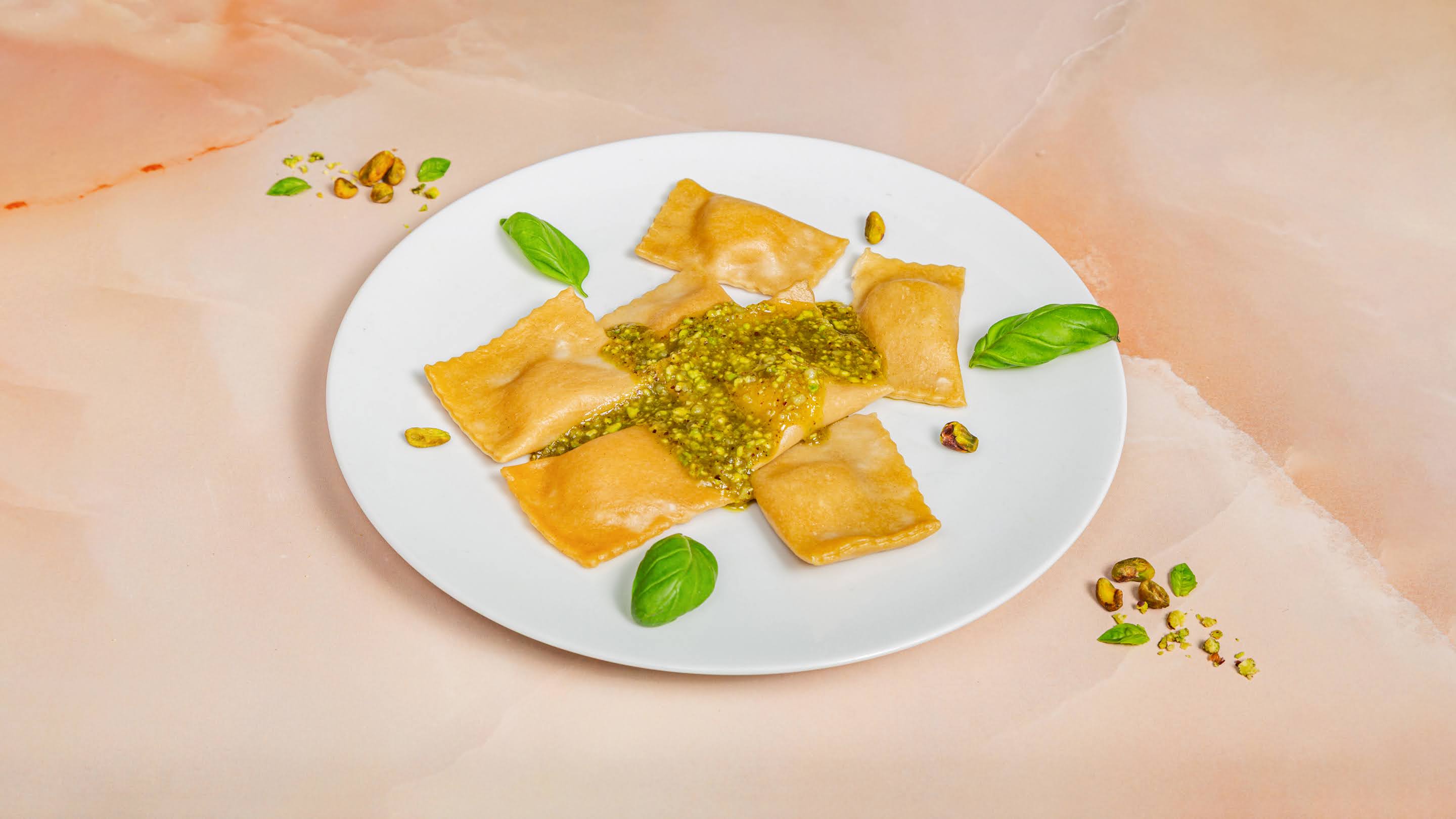 Cashew Ricotta, Truffle & Lemon Ravioli with Pistachio & Parmesan Pesto