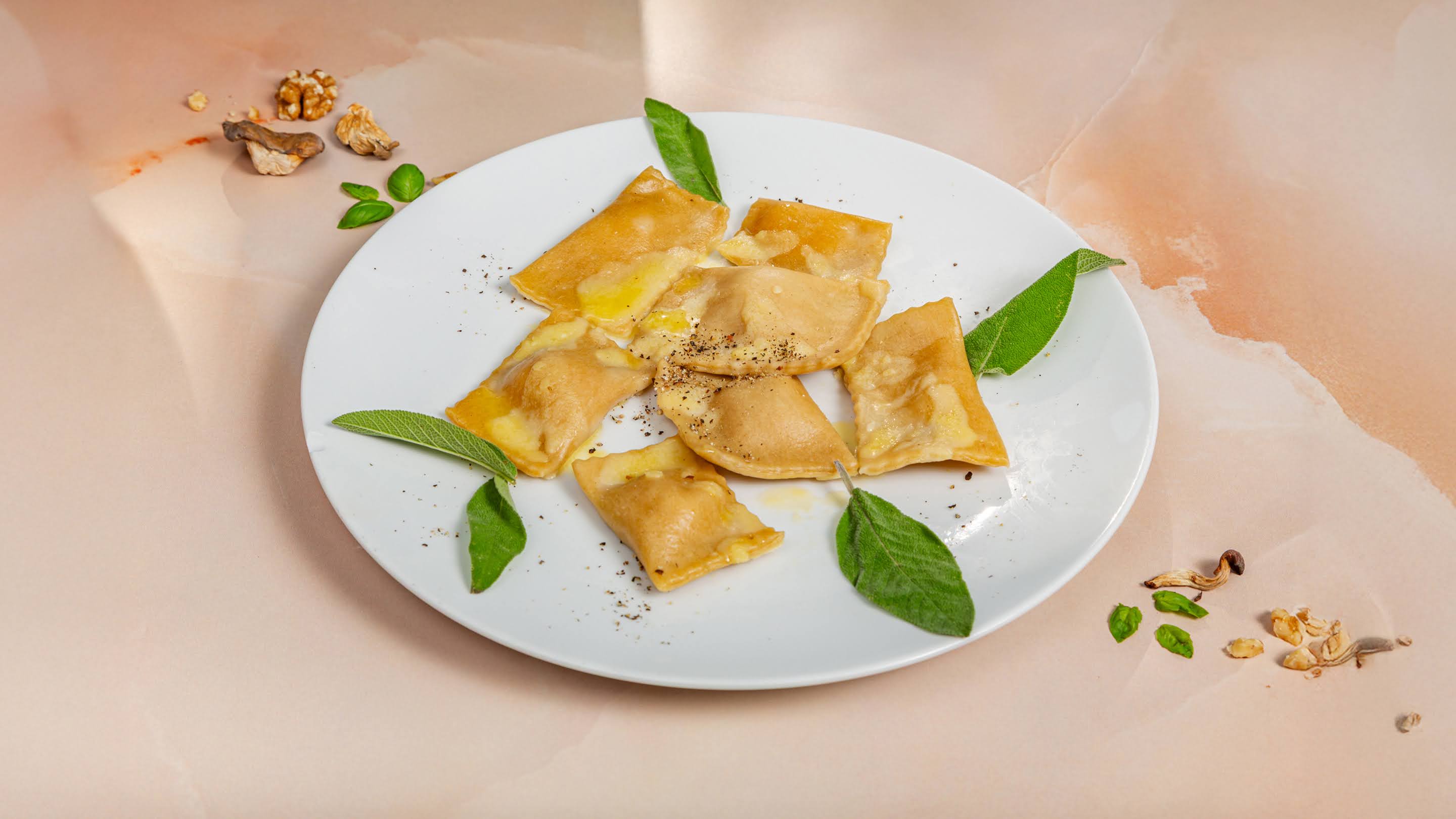 Mushroom, Ricotta & Walnut Ravioli with Butter & Sage