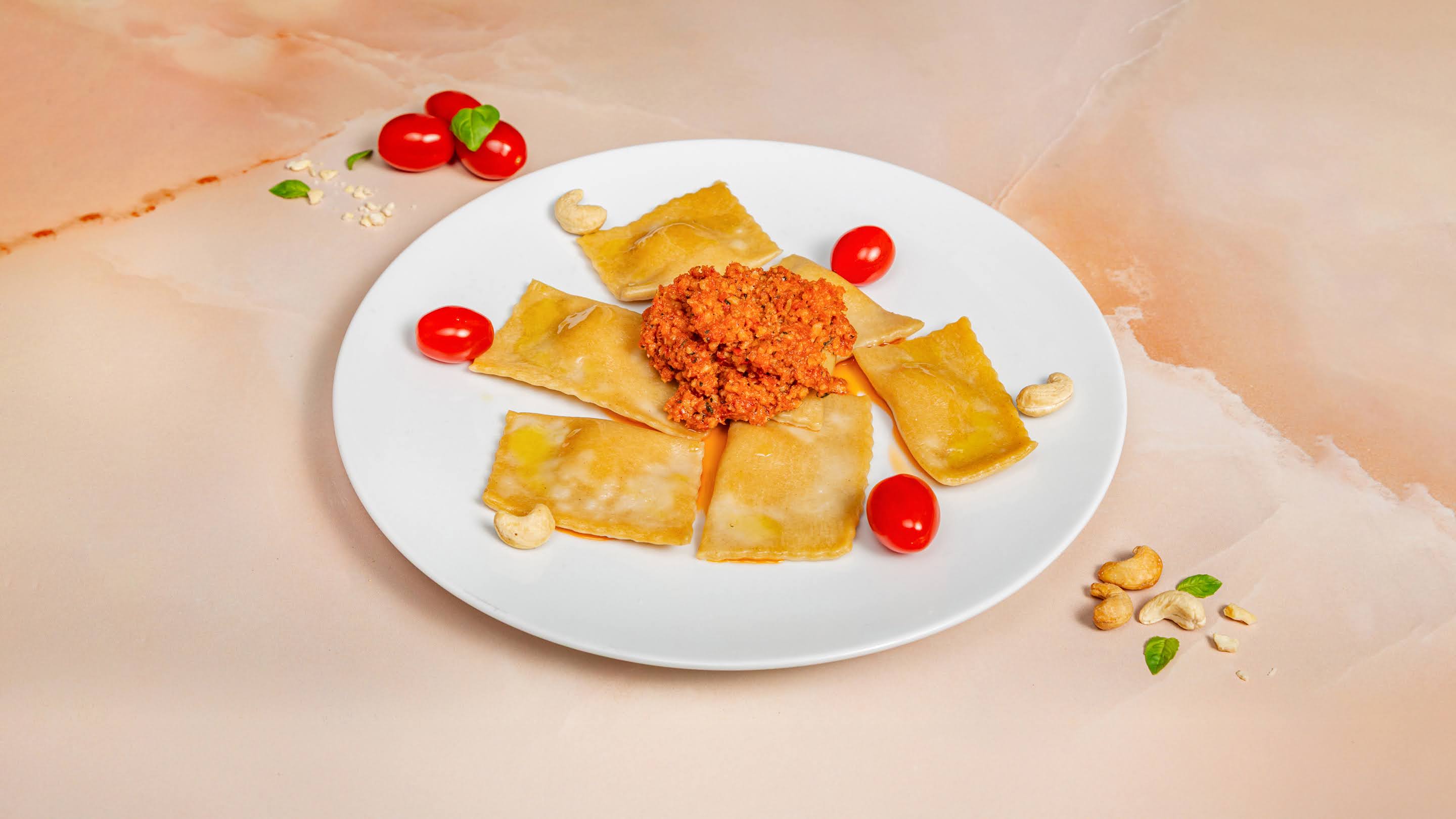 Spinach, Feta & Sun-Dried Tomato Ravioli with Cashew & Sun-Dried Tomato Pesto